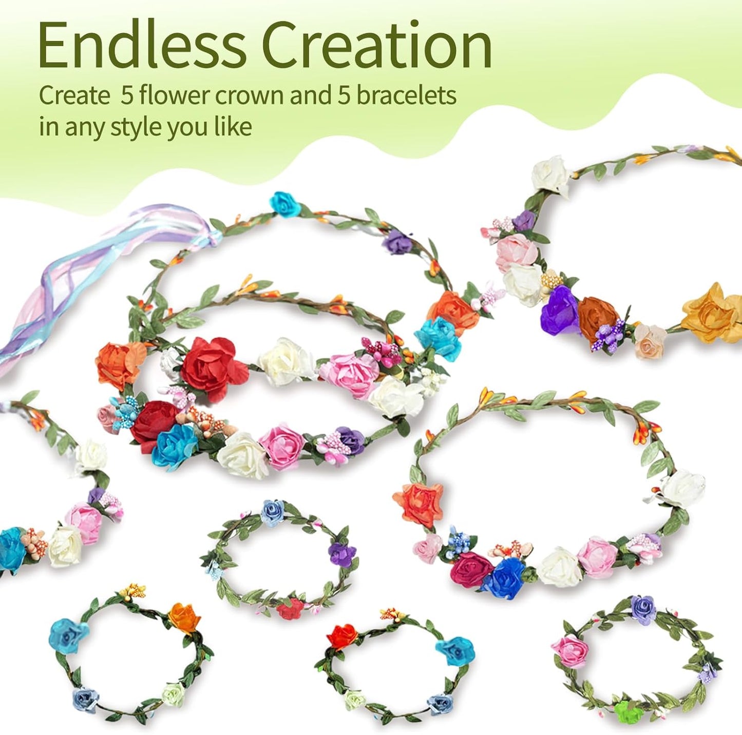 EggSun Flower Crown Making Kit for Girls Kids Gift Tea Party Spring Craft Bracelet DIY Fairy Flower Crown Kit Kids Birthday Party Floral Hair Arts Crafts Spring Easter Gift for Girls 5 6 7 12 Year Old