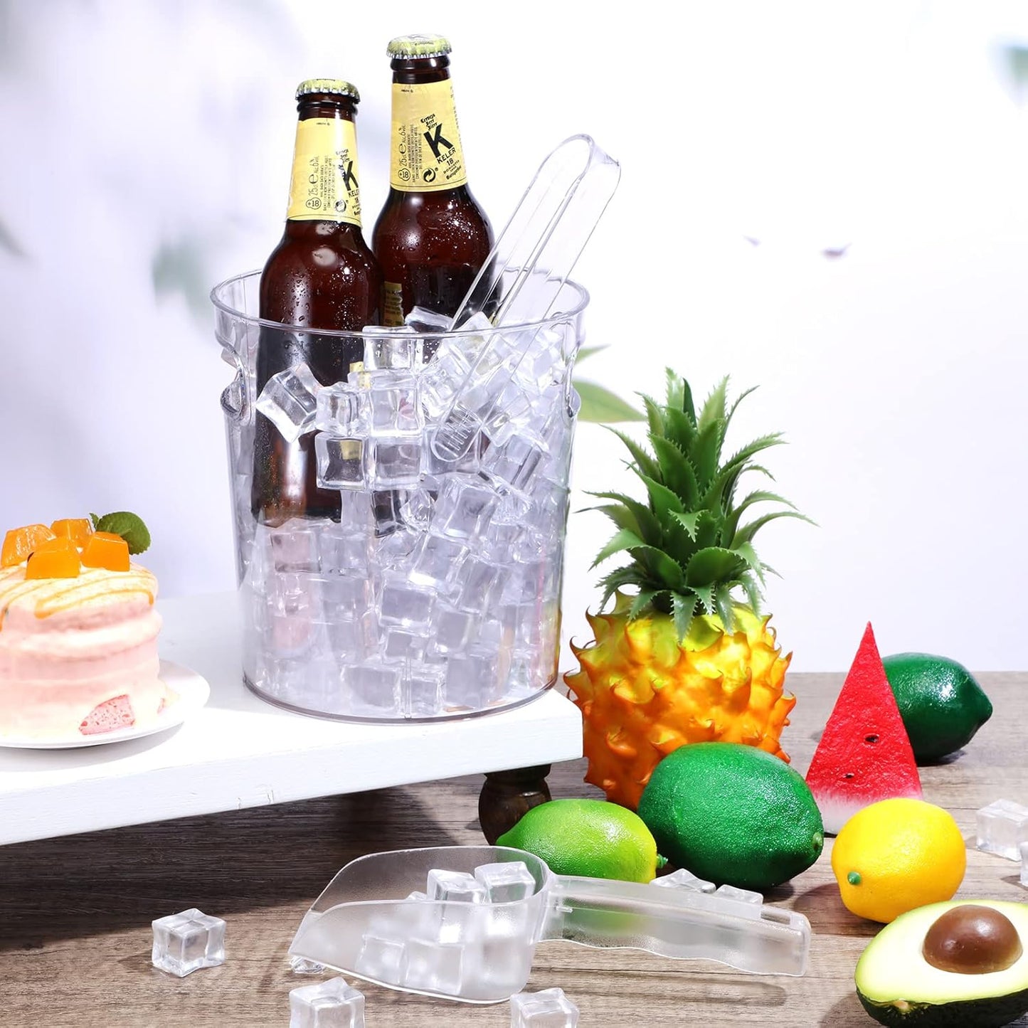 Rtteri 6 Set Plastic Ice Buckets for Parties with Handle, Scoop, Serving Tongs, Large Clear Ice Bucket Round Chiller Beverage Tubs Drink Bottle Cooler for Champagne Beer Wine(4 L)