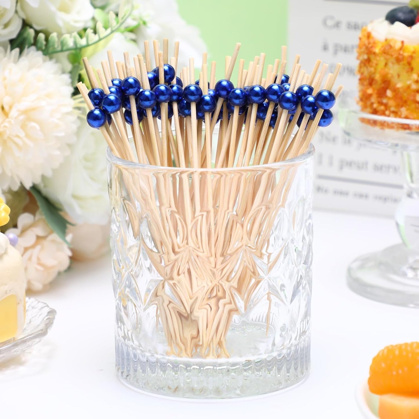 Reallnaive 600 Pcs Cocktail Pick Pearl Fancy Toothpick for Appetizer 4.7 Inch Long Skewer for Drink Fruit Food Bamboo Stick Wedding Bridal Shower Decoration Charcuterie Accessories (White)