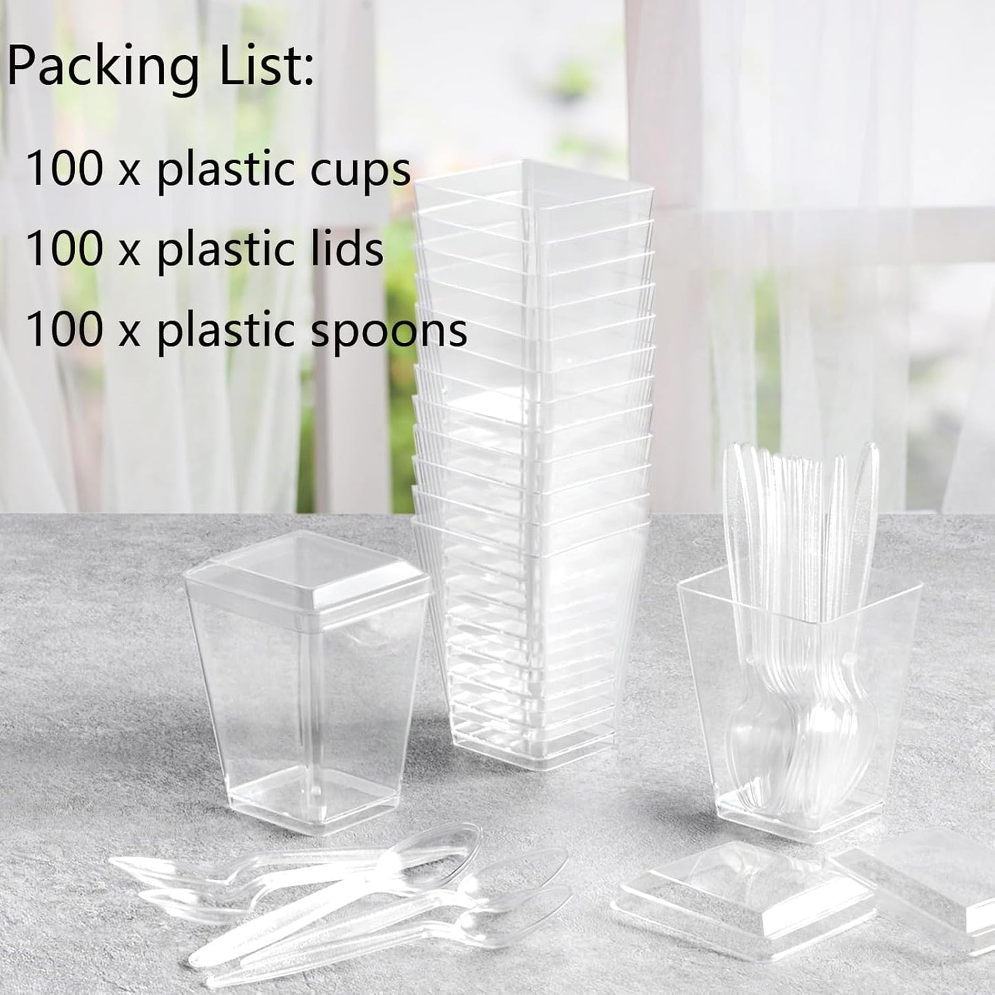 50Pack 5oz Plastic Dessert Cups with Lids and Spoons, Clear Parfait Appetizer Cups for Party, Mini Shooter Serving Cup, Square Dessert Shot Glasses for Tasting