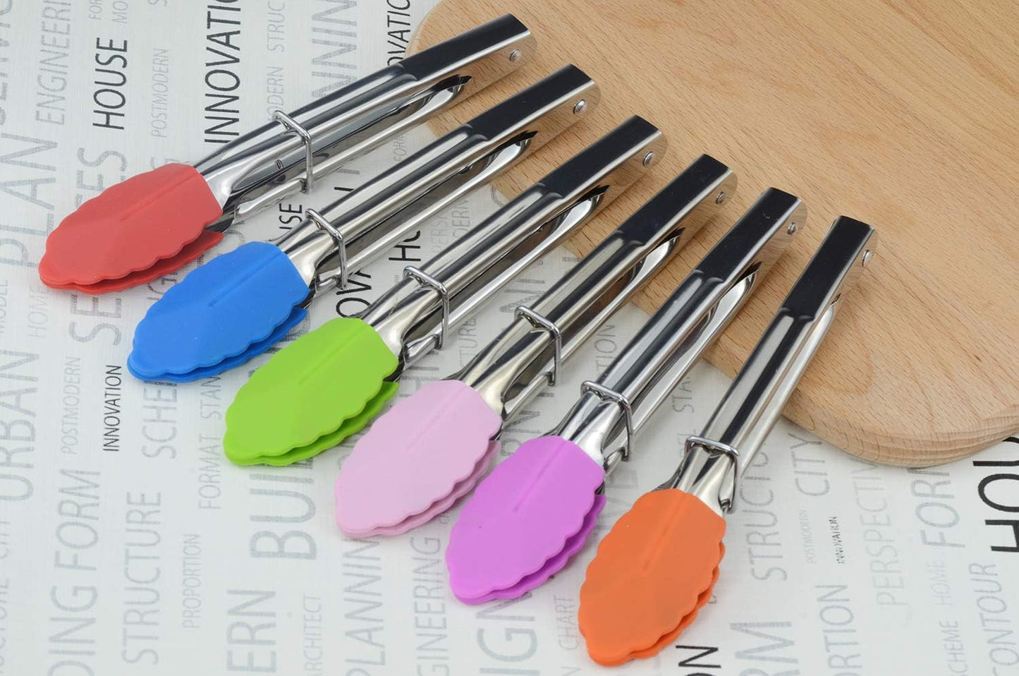 HINMAY Small Tongs with Silicone Tips 7-Inch Mini Serving Tongs, Set of 6 (Green Red Blue Purple Pink Orange)