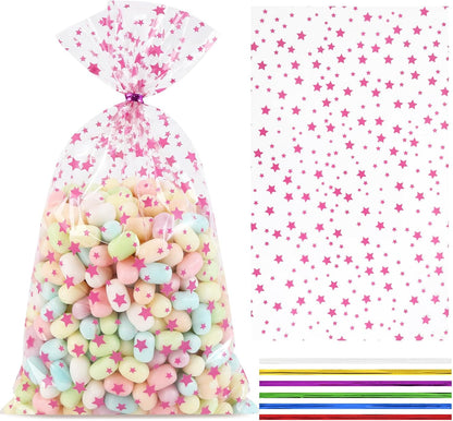 100 Pcs Star Printed 5"X 7" Gift Wrap Cello Cellophane Treat Bags Party Favor bags Clear Candy Cookie Bag Plastic Poly Goodie Storage Bag with Twist Ties for Bakery,Birthday, Wedding ,Party Decorations (Gold)