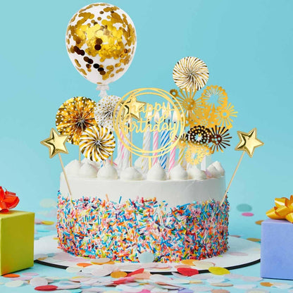 Cake Topper Decoration Set Acrylic Glitter Happy Birthday Cake Topper with Confetti Balloon Paper Fans Stars Firework Cupcake Toppers for Gold Theme Decor Girl Women Birthday Party Supplies (Gold)