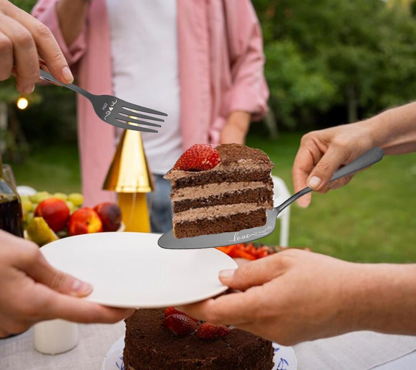Wedding Cake Knife and Server Set with Forks, Engraved Cake Cutting Set for Wedding Anniversary Christmas Engagement（Gold