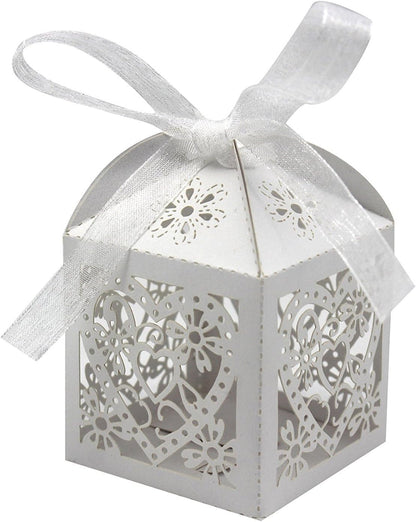 KPOSIYA 100 Pack Love Heart Laser Cut Wedding Party Favor Box Candy Bag Chocolate Gift Boxes Bridal Birthday Shower Bomboniere with Ribbons