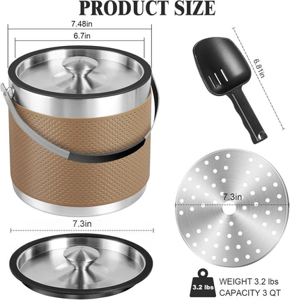 3.4Quart/3.2L Insulated Stainless Steel Ice Bucket with Lid, Scoop, Leather Design Double Wall Wine Bucket for Cocktail Bar, Parties (Dark Blue)