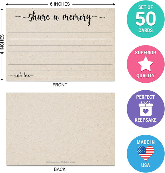 321Done Share a Memory Cards for Celebration of Life, Funerals, Birthdays, Anniversaries, Pack of 50 Tan 4x6 Favorite Memory Note Cards, Funeral Favors for Guests, Guestbook Alternative, Made in USA