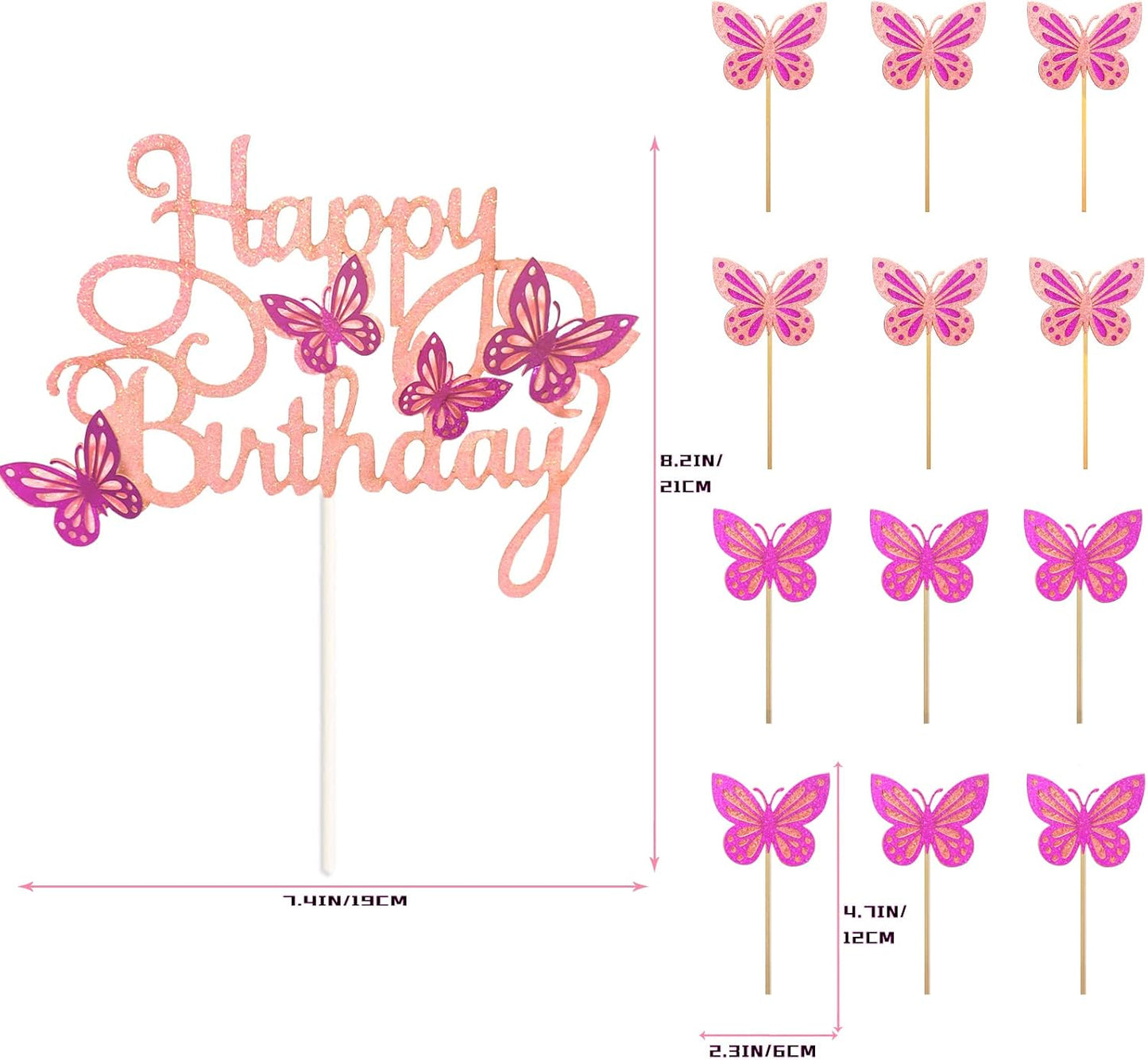 13-Pieces 3D Butterfly Cupcake Topper for Girls Women's Happy Birthday Cake Decorations Party Decorations(Pink)