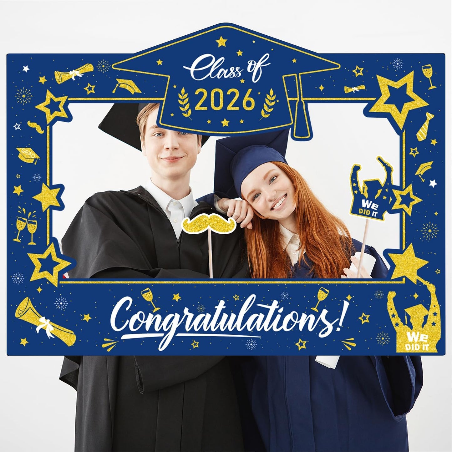 Graduation Decorations Class of 2026 Photo Booth Props - Blue and Gold 2026 Graduation Frame & Photo Props Congrats Grad Class of 2026 Decor for Graduation Party Supplies
