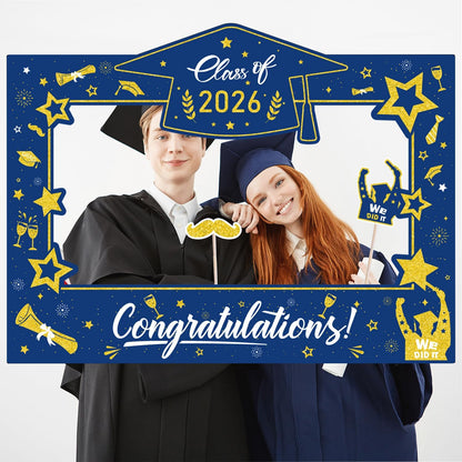 Graduation Decorations Class of 2026 Photo Booth Props - Blue and Gold 2026 Graduation Frame & Photo Props Congrats Grad Class of 2026 Decor for Graduation Party Supplies