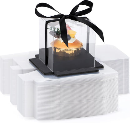 EUSOAR Individual Cupcake Holder, 50pcs 3.5 Inch Plastic Black Cupcake Containers with Lids, Single Transparent Display Clear Cupcake Carrier with Ribbon and Inserts for Wedding Party Favor