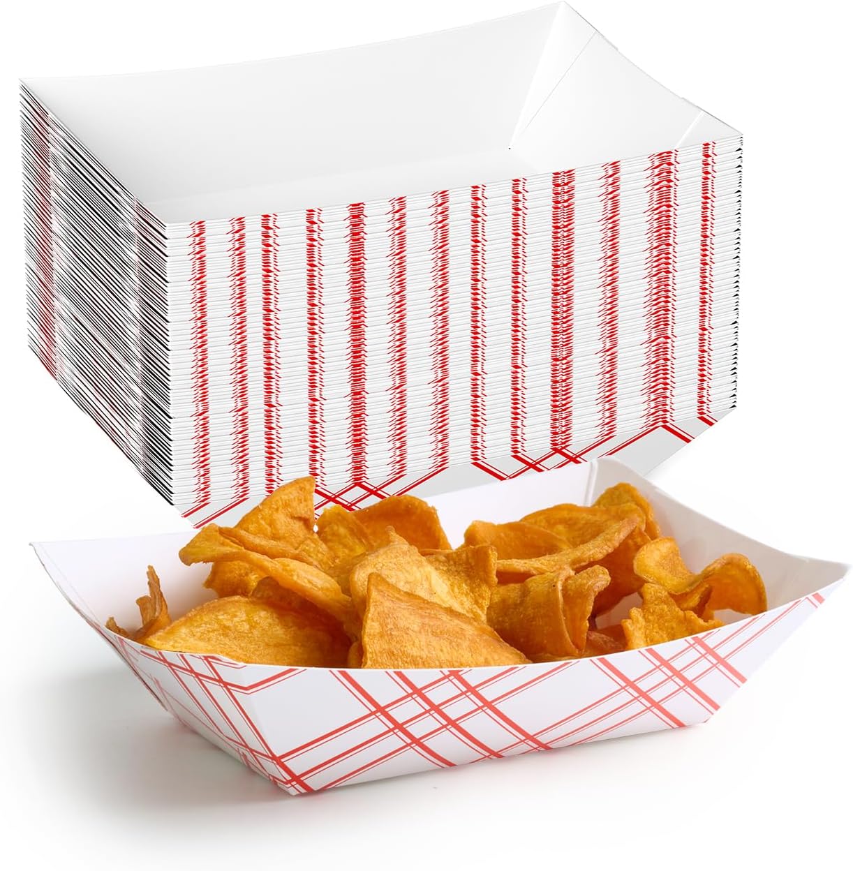 ECOLipak 100 Pack 3lb Paper Food Tray Red, Disposable Paper Boats, Food Holder Trays, Serving Boats for Taco Nacho Hot Dog Snack Fries Dessert Popcorn Sauce