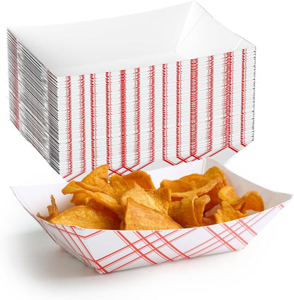 ECOLipak 100 Pack 3lb Paper Food Tray Red, Disposable Paper Boats, Food Holder Trays, Serving Boats for Taco Nacho Hot Dog Snack Fries Dessert Popcorn Sauce