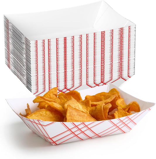 ECOLipak 100 Pack 3lb Paper Food Tray Red, Disposable Paper Boats, Food Holder Trays, Serving Boats for Taco Nacho Hot Dog Snack Fries Dessert Popcorn Sauce