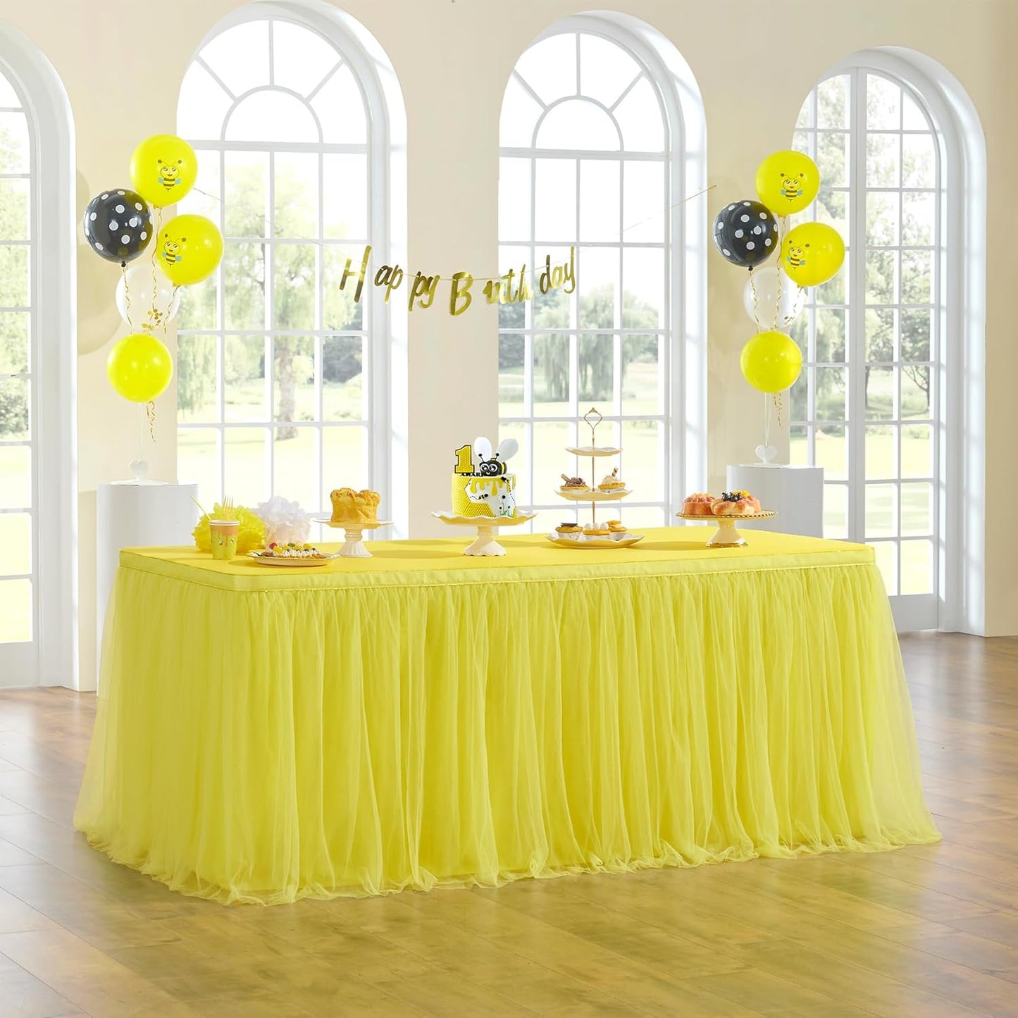 72inch Champagne Gold Tulle Table Skirts for Rectangle Round Tables, Gold Grim Ruffle Tulle Tutu Cloth Table Skirt 6ft for Wedding Birthday Party Cake Dessert Decor(No Top Cover)