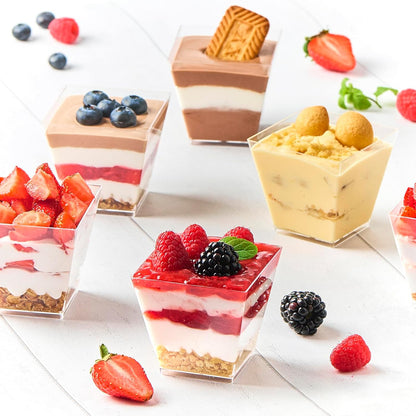 Zezzxu 3 oz Square Mini Dessert Cups with Spoons - 50 Pack Plastic Pudding & Parfait Cups Party Dessert Shooters for Serving Trifle Mousse Cake Appetizers