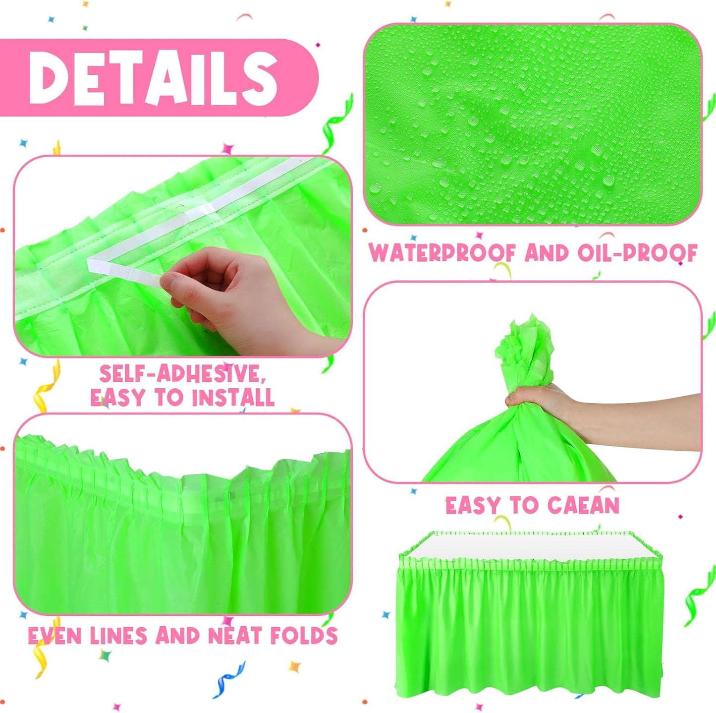 4 Pcs Neon Party Table Skirts 29 in x 14 Ft, Neon Party Favors Plastic Disposable Table Skirts for Rectangle Desks for Fluorescent Birthday Wedding Desk Decor, Green, Yellow, Rose Pink and Orange
