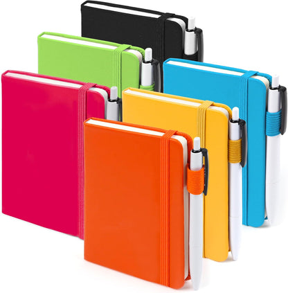 feela 6 Pack Pocket Small Notebooks Bulk, Mini Cute Memo Notepads Hardcover College Ruled Lined Journals with Pen Holder for Women Girls Office School, with 6 Black Pens, 3.5”x 5.5”, A6, Rose Pink