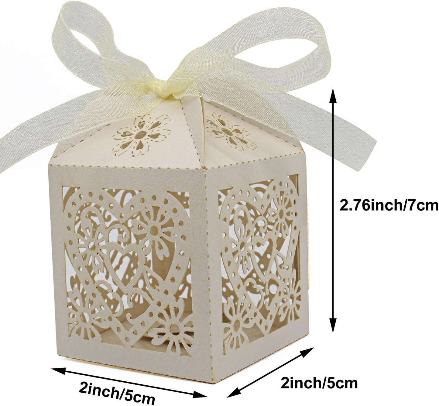 KPOSIYA 100 Pack Love Heart Laser Cut Wedding Party Favor Box Candy Bag Chocolate Gift Boxes Bridal Birthday Shower Bomboniere with Ribbons