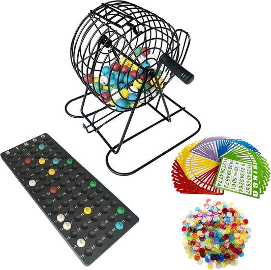 Yuanhe Deluxe Bingo Game Set-Includes Metal Cage,500 Colorful Bingo Chips,100 Bingo Cards,75 Colored Balls,Plastic Masterboard,Great for Large Groups,Parties …