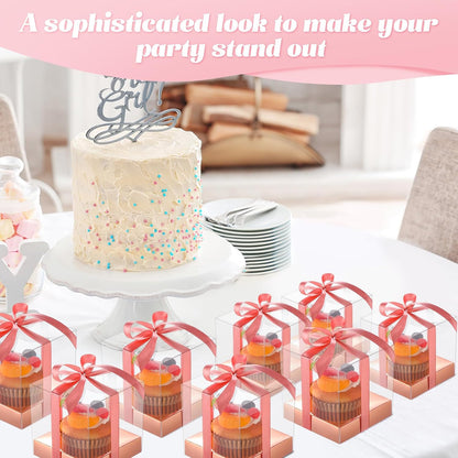 Thenshop 50 Pcs Clear Cupcake Boxes Individual 3.5 Inch Plastic Single Cupcake Containers Boxes with Inserts and Ribbon Individual Cake Storage Holders for Cake Kitchen(Dark Blue)