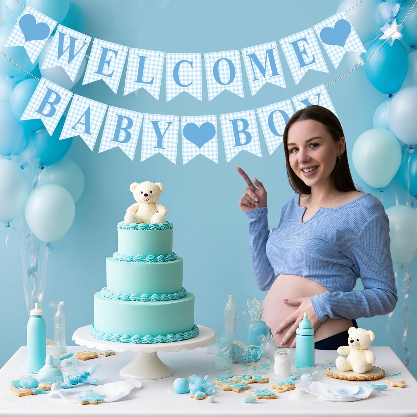 Hahafelt 1 Pcs Blue Gingham Welcome Baby Boy Banner for Baby Shower Party Decorations Pre Strung Gender Reveal Paper Banner for Table, Wall, Mantel Display Party Decor Supplies