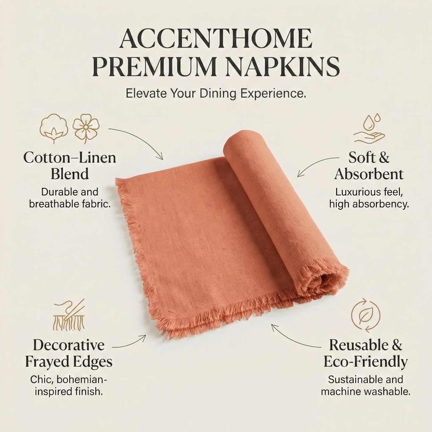 ACCENTHOME Natural Cotton Linen Napkin Set of 12 18x18 inch Dinner Napkins - Washable Soft Premium Hotel Quality Reusable Hemmed Edges Napkins Perfect Table Linens for Family Dinners, Weddings