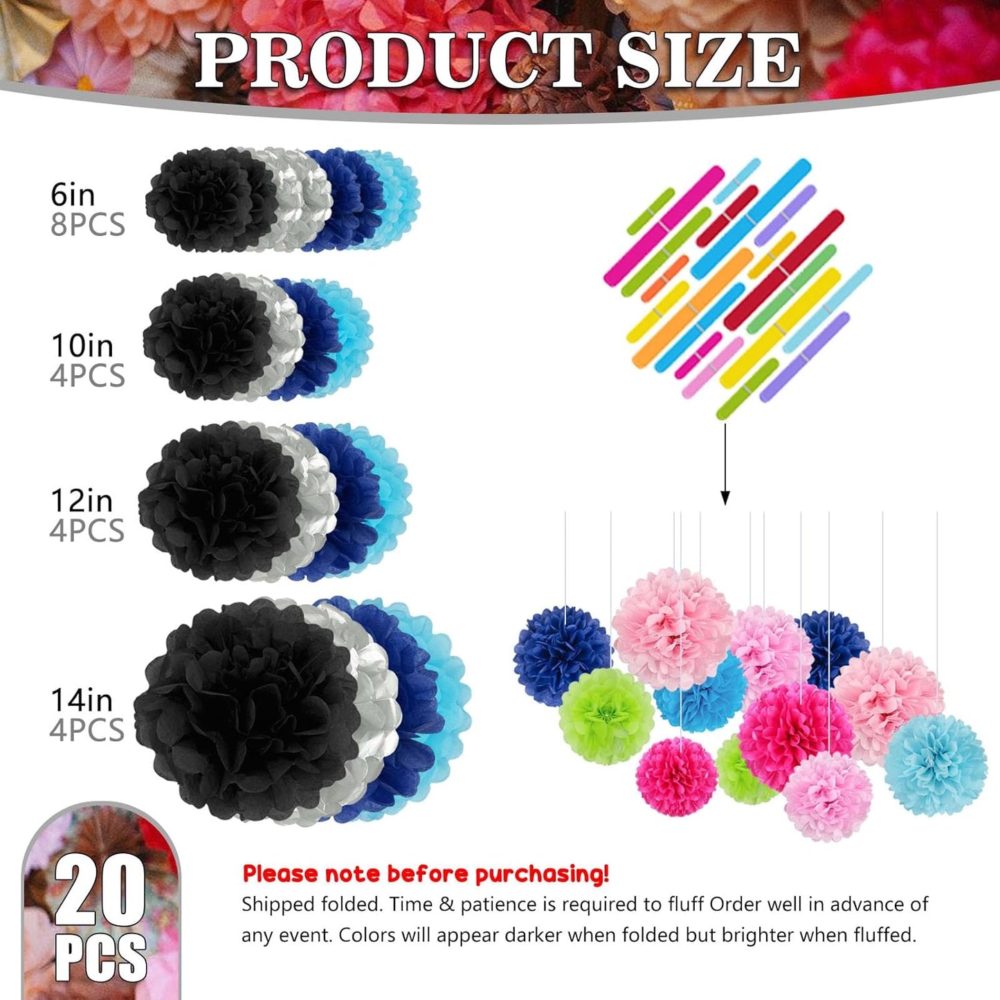 Tissue Paper Pom Poms, Pink Tissue Paper Flowers, Hanging Flower Balls for Weddings Fiesta Parties Birthday Baby Showers Classroom Bridal Shower Decoration (18Piece Set-6/10/12/14Inch)