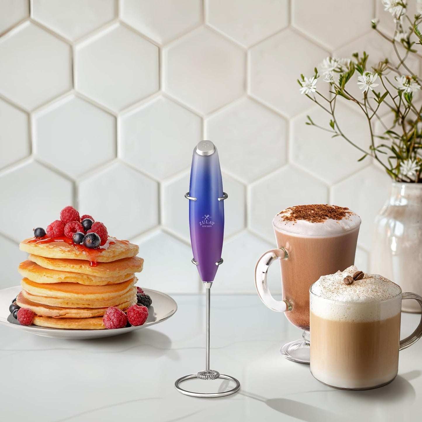 Zulay Kitchen Powerful Milk Frother Wand With Duracell Batteries - Ultra Fast Handheld Drink Mixer - Electric Whisk Foam Maker for Coffee, Lattes, Cappuccino & Matcha - Z1 Motor - Black - Colors B