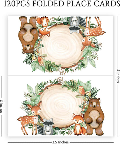 120 Pack Woodland Baby Shower Place Cards, 3.5" x 2" Foldable Table Tent Name Cards, Food Labels for Forest Animals Baby Shower Birthday Party Reception Tables Placement Party Decorations