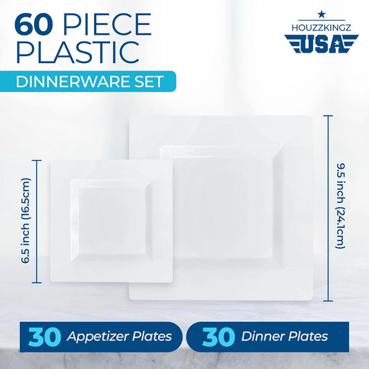 60 Plastic Square Plates for Party – 30 Dinner 9.5" & 30 Salad 6.5" White Heavy Duty Disposable Plates Set Reusable – Fancy Elegant Decorative Sturdy Premium Hard Nice Plate for Wedding Baby Shower