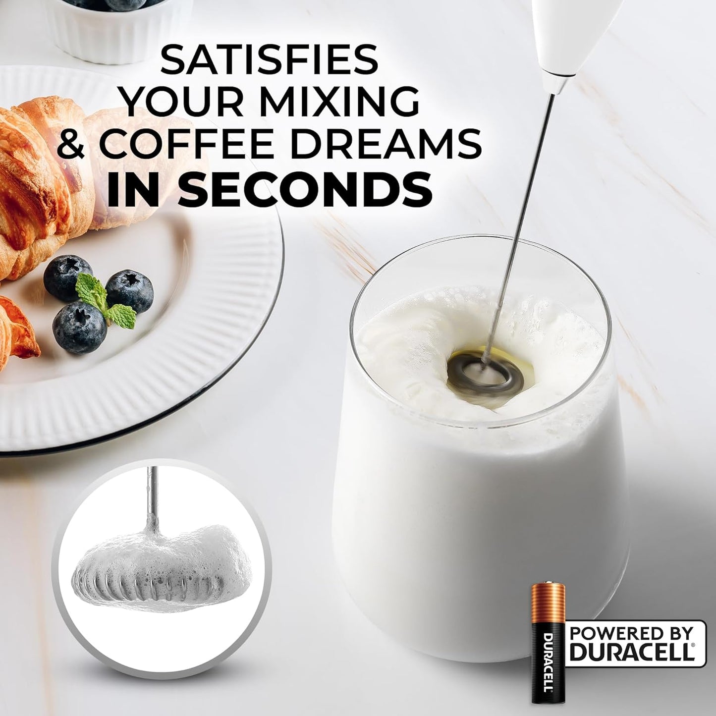 Zulay Kitchen Powerful Milk Frother AA Batteries Included – Ultra Fast Handheld Drink Mixer with Stainless Steel Whisk Stirrer for Coffee, Protein, Matcha & More, Frother Wand Electric Frothmate Black - Colors E