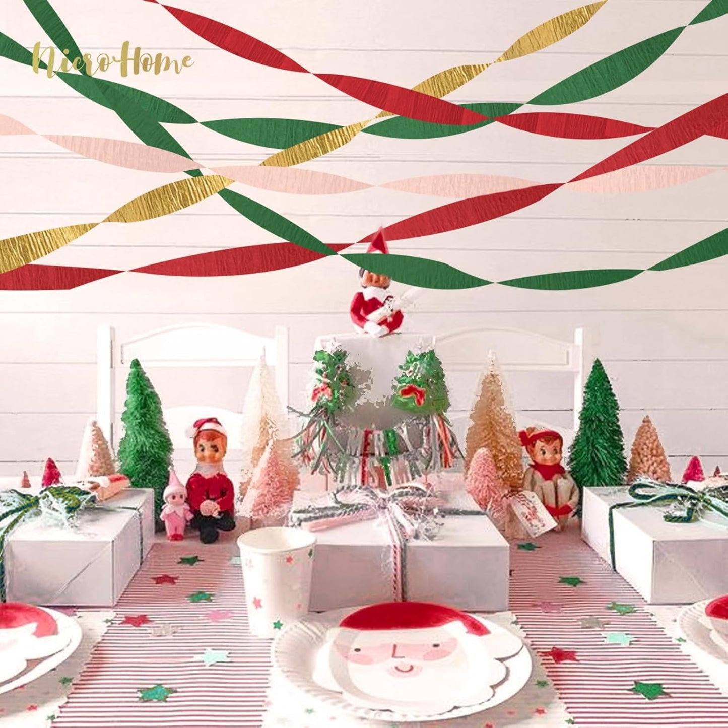 NICROHOME EUR Wedding Party Decorations, 8 Rolls Moss Sage Green Pink Crepe Paper Streamers for Boho Baby Shower, Wedding, Engagement Party, Spring Party, Birthday Party Supplies, 82 ft Long