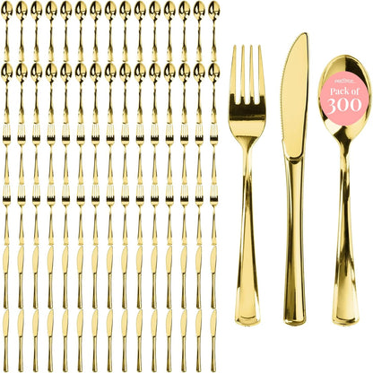 Prestee 300 Piece Heavy Duty Plastic Silverware Set - 100 of Each Silver Plasticware Forks, Spoons, Knives - Flatware Cutlery for Weddings - Durable Disposable Plastic Utensils for Catering, Buffets