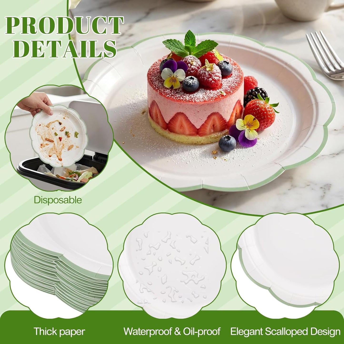 NatNarr 30 Pcs Sage Green Paper Plates, 7 Inch Scalloped Paper Plates Small Dessert Cake Plate Cute Party Plate Disposable Sage Greens Party Supplies for Wedding, Baby Bridal Shower, Birthday