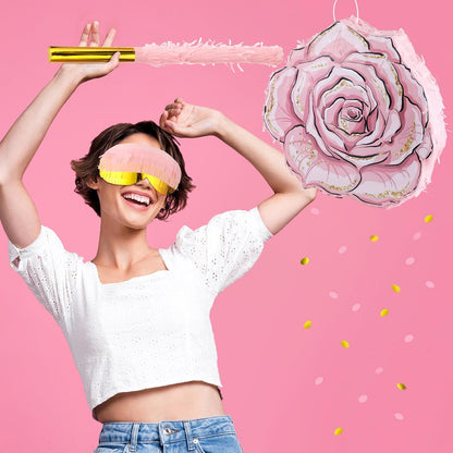 Pink Flower Piñata Set with Blindfold Bat and Confetti Floral Piñata Girls Party Game for Graduation Birthday Baby Shower Gender Reveal Wedding Party (13.78 x 12.99 Inches)