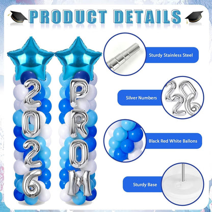 2 Sets Graduation Balloon Column Stand Kits with Balloons 2026 Grad Themed Decoration Navy Blue Balloon Tower Stand Kit for Grad High School & College Celebration Party Decor