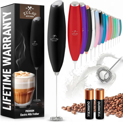 Zulay Kitchen Powerful Milk Frother AA Batteries Included – Ultra Fast Handheld Drink Mixer with Stainless Steel Whisk Stirrer for Coffee, Protein, Matcha & More, Frother Wand Electric Frothmate Black - Colors E