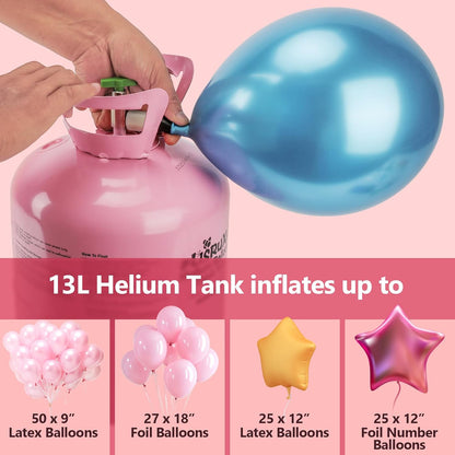 13L Helium Tank Up To 50 Latex Balloons, Helium Tank For Balloons At Home, 50 Latex Balloons And Ribbons Included