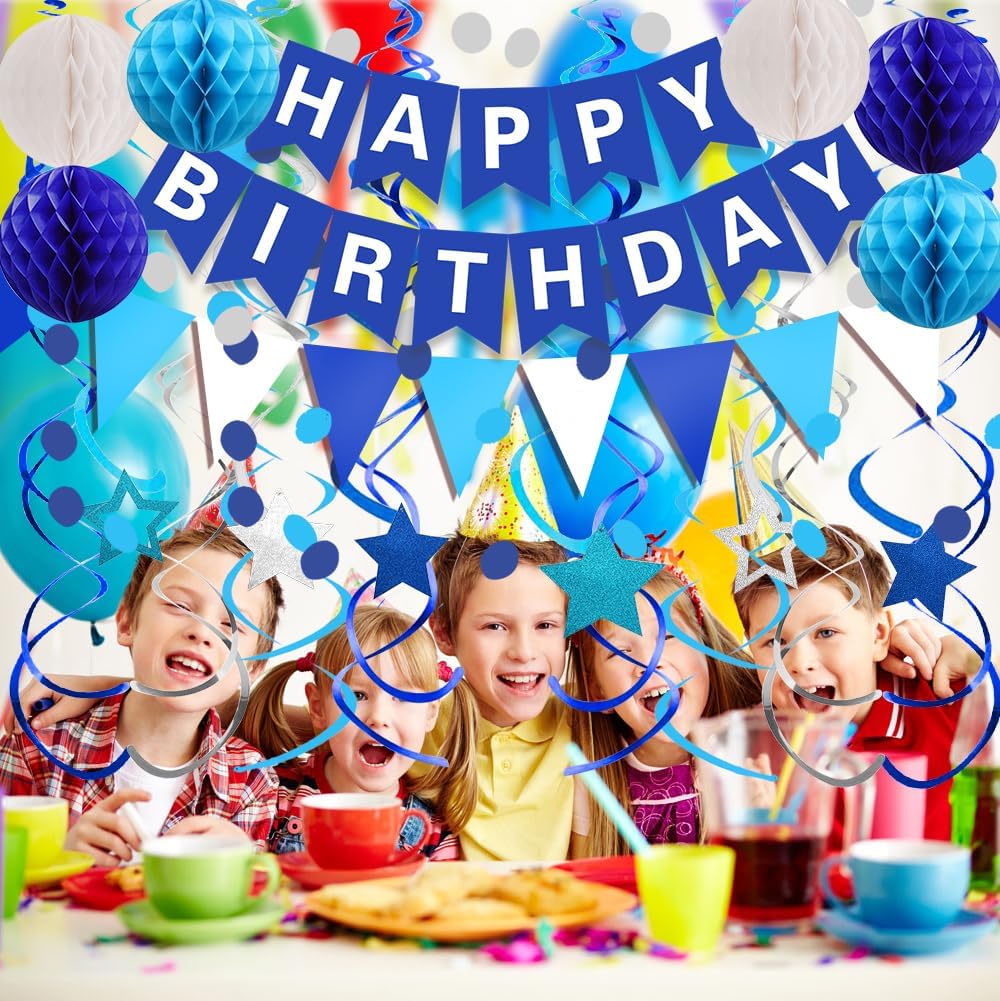 Fecedy Happy Birthday Banner With Colorful Paper Flag Bunting Paper Circle Confetti Garland Swirl Streamers Honeycomb ball for Birthday Party Decorations