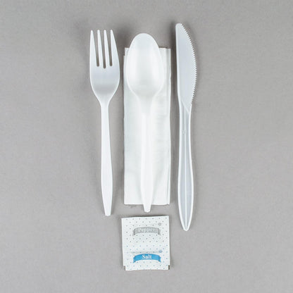 KitchenDine 100 Pack Medium Weight Wrapped white Plastic Cutlery Pack with Napkin and Salt/Pepper Packets (White)