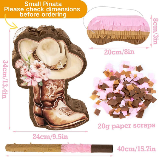 Pink Cowgirl Boot Piñata Set with Bat and Blindfold, 15.7 x 11 in Western Cowgirl Birthday Party Decorations, Girls Theme Party Piñata for Candy & Treats