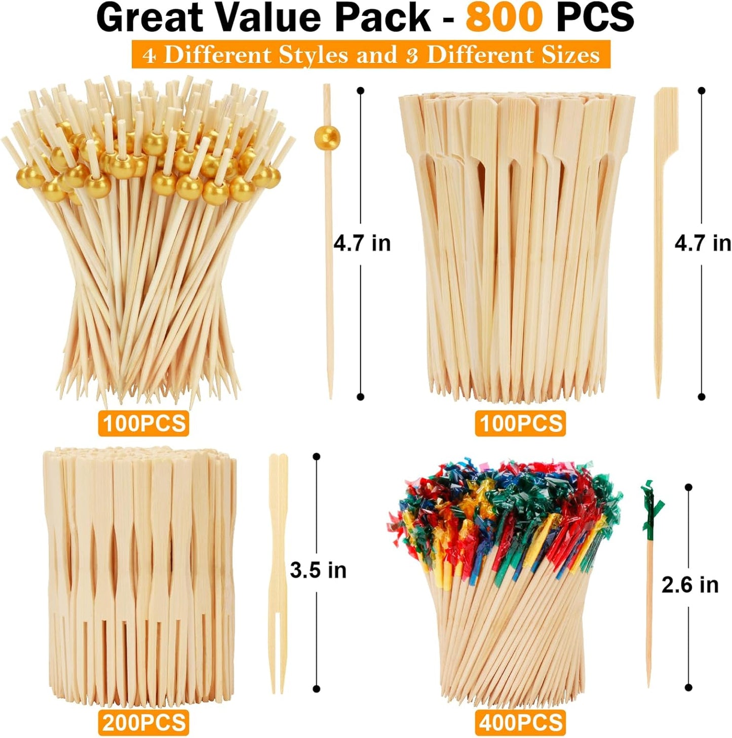 200PCS Cocktail Picks, Natural Wooden Ball Fancy Toothpicks for Appetizers, 4.7 Inch Long Bamboo Skewers Garnish Sticks for Food Drinks Sandwich Fruit Charcuterie Boards Accessories Party Supplies