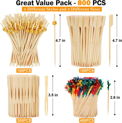 200PCS Cocktail Picks, Natural Wooden Ball Fancy Toothpicks for Appetizers, 4.7 Inch Long Bamboo Skewers Garnish Sticks for Food Drinks Sandwich Fruit Charcuterie Boards Accessories Party Supplies