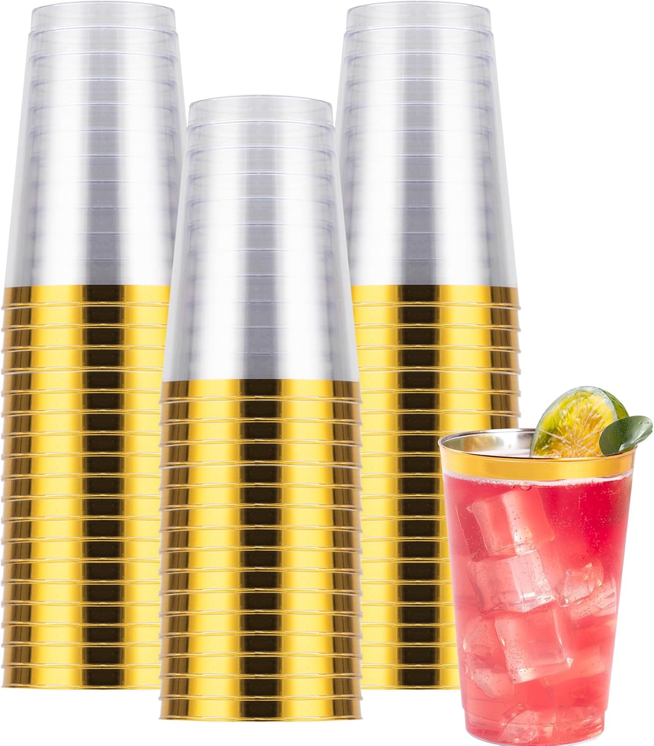 Goodluck 100PCS 9oz Gold Plastic Cups for Party, Disposable Gold Rim Cups, Plastic Cocktail Glasses for Wedding Thanksgiving, Christmas, and Parties