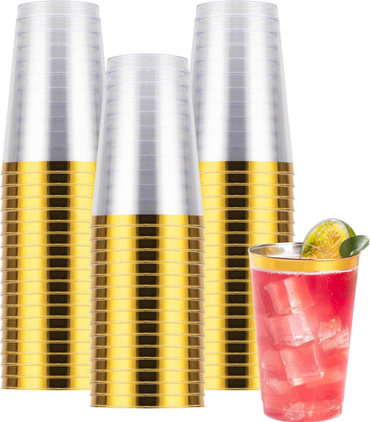 Goodluck 100PCS 9oz Gold Plastic Cups for Party, Disposable Gold Rim Cups, Plastic Cocktail Glasses for Wedding Thanksgiving, Christmas, and Parties
