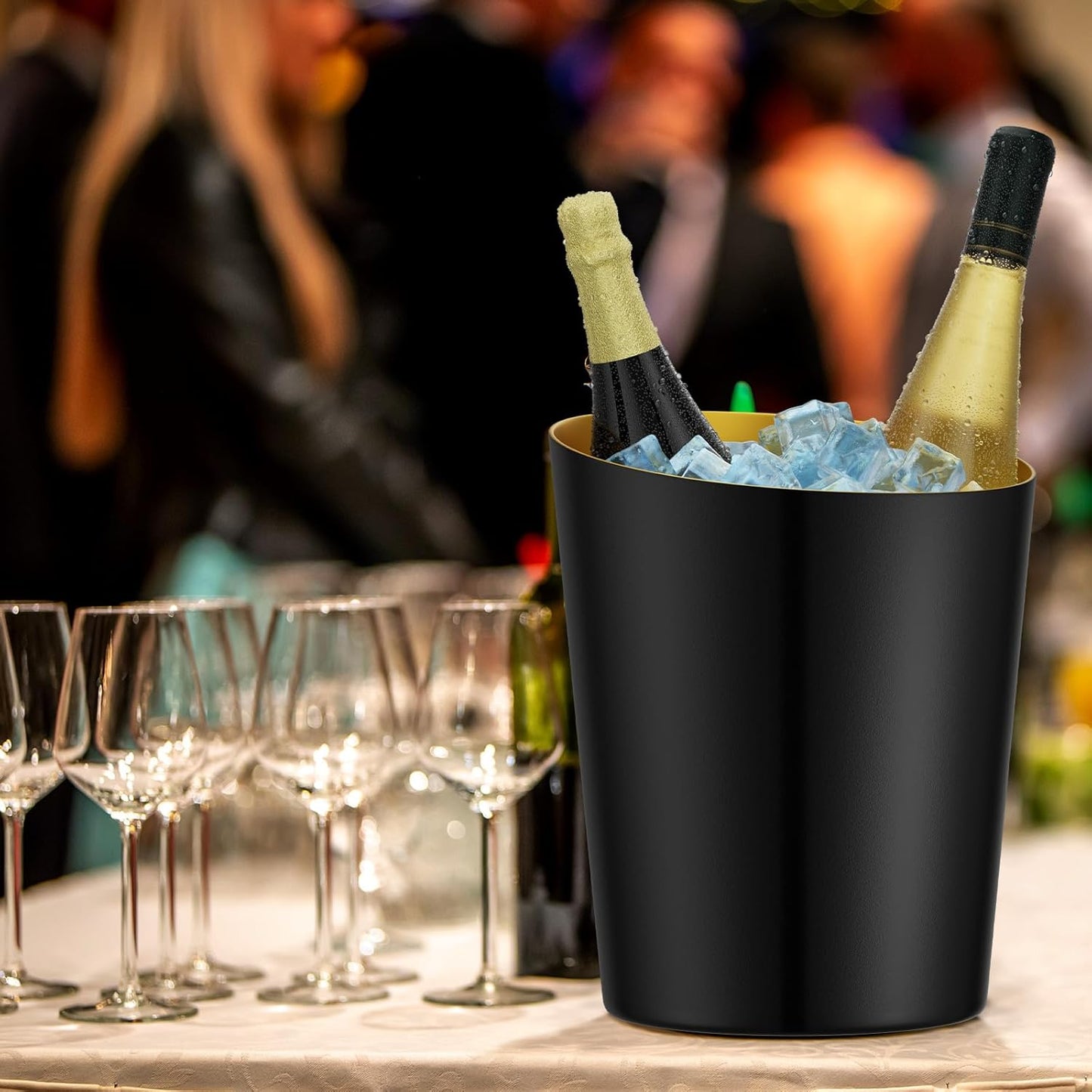 MorningRo 2 Pcs 5 Quart Black Champagne Ice Bucket 4.7 L Metal Doublewall Hammered Stainless Steel Wine Beer Chiller Home Bar Accessories for Football Sports Wedding Party Summer BBQ (Beveled Mouth)
