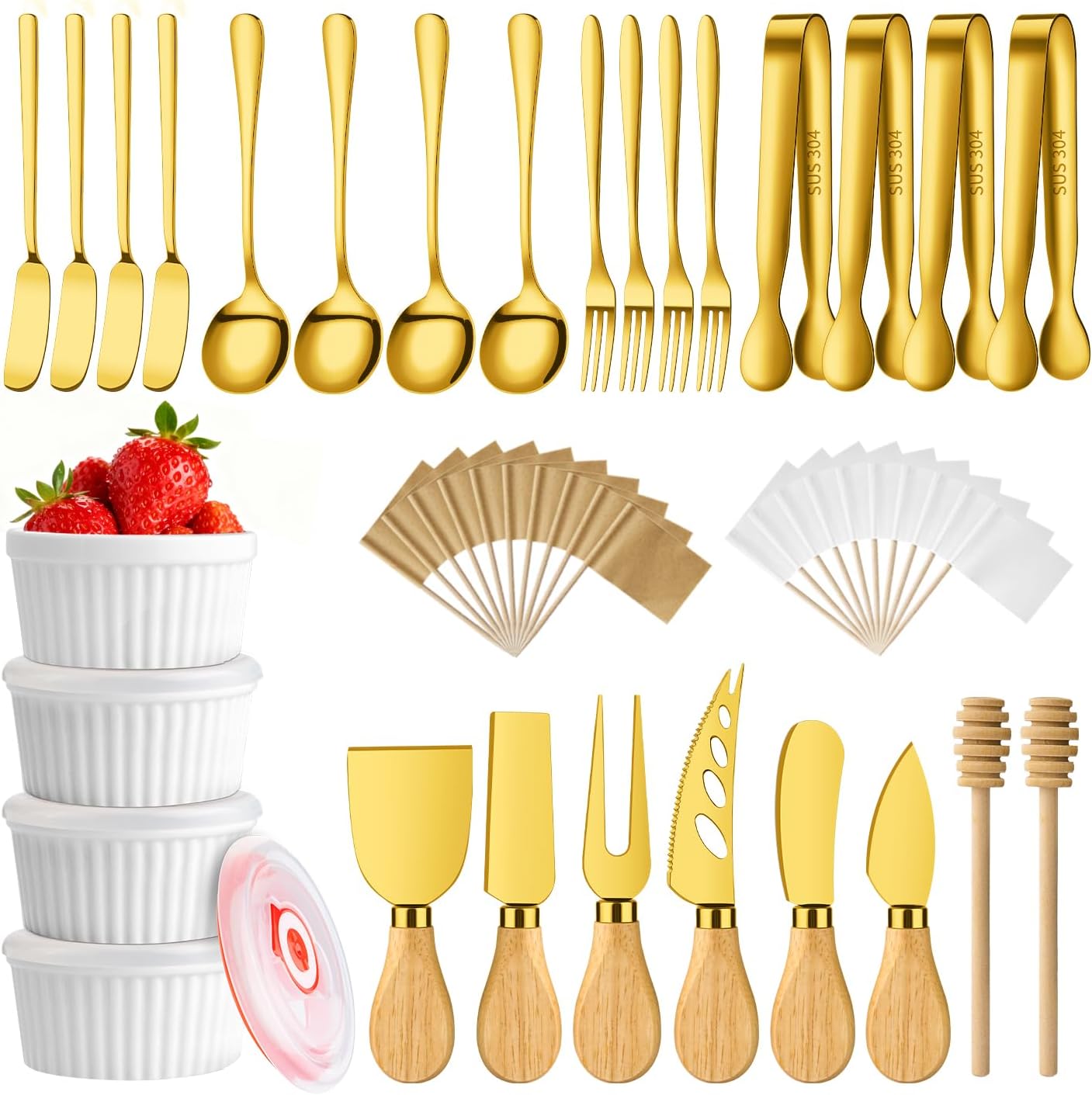 Gold Charcuterie Boards Accessories Bowls Utensils, Cheese Knife Set Mini Butter Spreader, Serving Tongs, Forks, Spoons, Dipping Bowls with Lids, Toothpick Flag, Honey Dippers for Party Platter Making