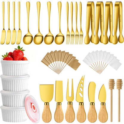 Gold Charcuterie Boards Accessories Bowls Utensils, Cheese Knife Set Mini Butter Spreader, Serving Tongs, Forks, Spoons, Dipping Bowls with Lids, Toothpick Flag, Honey Dippers for Party Platter Making