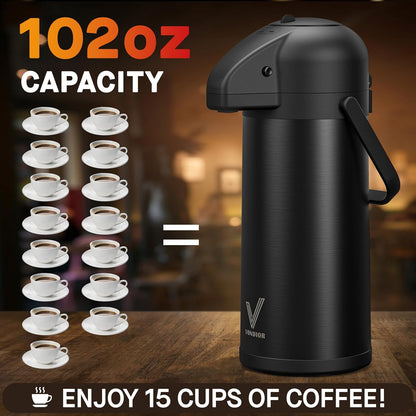 Coffee Carafe for Keeping Hot - 102oz/3L Airpot Coffee Dispenser with Pump - Insulated Stainless Steel Hot Beverage Dispenser for Parties - Thermal Carafe for Hot Drinks Water Tea Chocolate